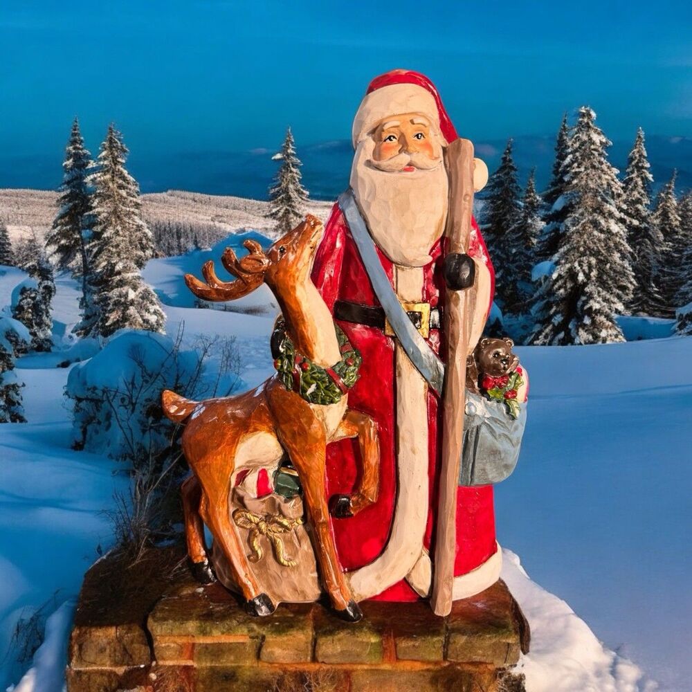 GISELA GRAHAM RESIN SANTA WITH DEER & PRESENT SACK FIGURINE 11.5”